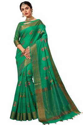 Green woven chanderi saree with blouse 1