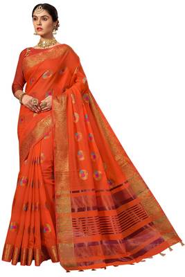 Orange woven chanderi saree with blouse 1
