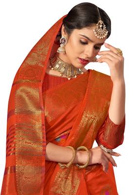 Orange woven chanderi saree with blouse 2