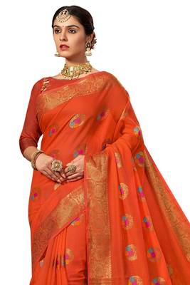 Orange woven chanderi saree with blouse 3