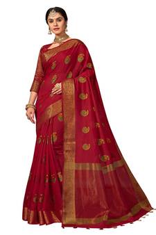 Red Woven Chanderi Saree With Blouse