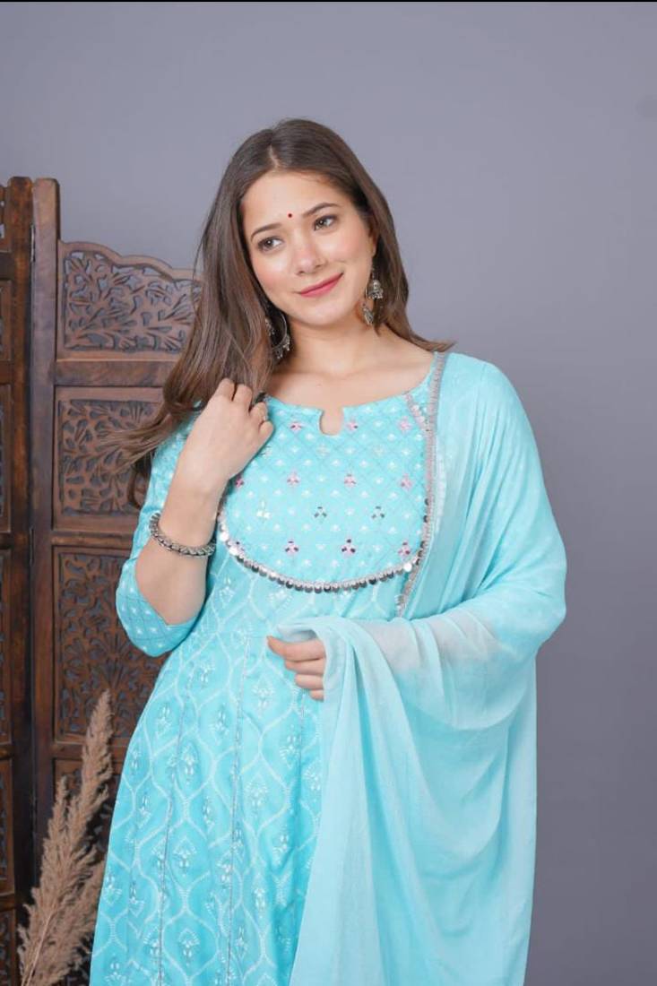 Pinkblock Women's Ethnic Designer AAA+ Premium Rayon Embroidered Gota Work Kurti With Nazmin Dupatta & Palazzo Set