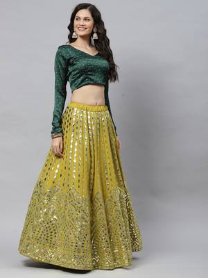 Shubhkala Graceful Floracance Green Gota Patti Embroidered Georgette Semi Stitched Lehenga Choli 5