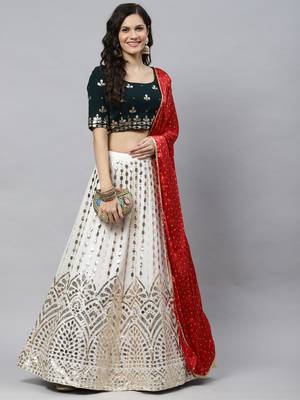 Shubhkala Off White Green And Red Colored Embroidered Georgette Semi Stitched Lehenga Choli And Dupatta 2