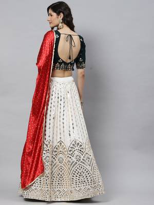 Shubhkala Off White Green And Red Colored Embroidered Georgette Semi Stitched Lehenga Choli And Dupatta 3