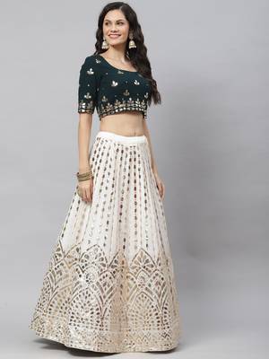Shubhkala Off White Green And Red Colored Embroidered Georgette Semi Stitched Lehenga Choli And Dupatta 5