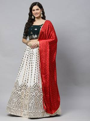 Shubhkala Off White Green And Red Colored Embroidered Georgette Semi Stitched Lehenga Choli And Dupatta 6