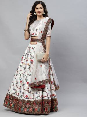 Shubhkala White Thread With Sequins Embroidered Silk Semi Stitched Wedding Lehenga 1