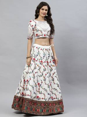 Shubhkala White Thread With Sequins Embroidered Silk Semi Stitched Wedding Lehenga 4