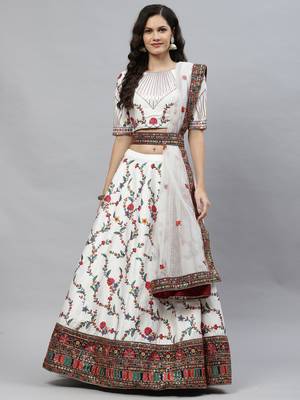 Shubhkala White Thread With Sequins Embroidered Silk Semi Stitched Wedding Lehenga 5