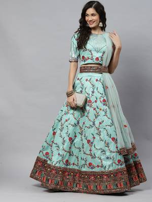 Shubhkala Pista Green Thread With Sequins Embroidered Silk Semi Stitched Wedding Lehenga 1