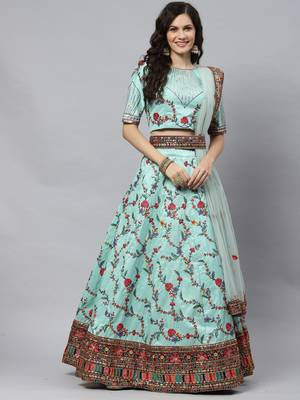 Shubhkala Pista Green Thread With Sequins Embroidered Silk Semi Stitched Wedding Lehenga 5
