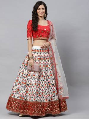 Shubhkala White & Red Thread With Sequins Embroidered Art Silk Semi Stitched Party Wear Lehenga 1
