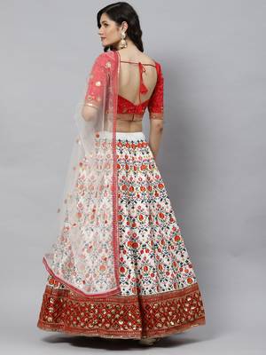 Shubhkala White & Red Thread With Sequins Embroidered Art Silk Semi Stitched Party Wear Lehenga 2