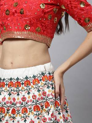Shubhkala White & Red Thread With Sequins Embroidered Art Silk Semi Stitched Party Wear Lehenga 3