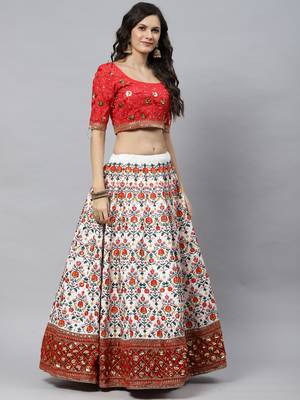 Shubhkala White & Red Thread With Sequins Embroidered Art Silk Semi Stitched Party Wear Lehenga 4