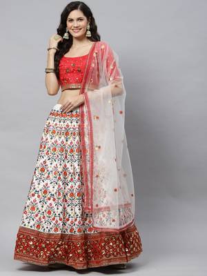 Shubhkala White & Red Thread With Sequins Embroidered Art Silk Semi Stitched Party Wear Lehenga 5