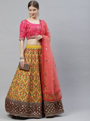 Shubhkala Mustard Yellow & Pink Thread With Sequins Embroidered Art Silk Semi Stitched Party Wear Lehenga 1