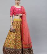 Shubhkala Mustard Yellow & Pink Thread With Sequins Embroidered Art Silk Semi Stitched Party Wear Lehenga
