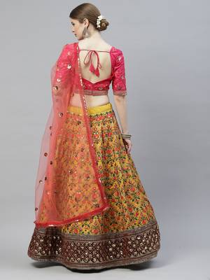 Shubhkala Mustard Yellow & Pink Thread With Sequins Embroidered Art Silk Semi Stitched Party Wear Lehenga 2