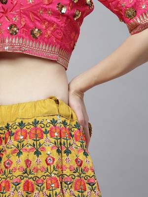Shubhkala Mustard Yellow & Pink Thread With Sequins Embroidered Art Silk Semi Stitched Party Wear Lehenga 3