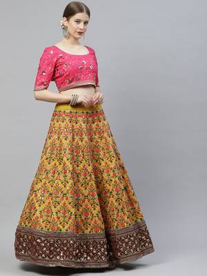 Shubhkala Mustard Yellow & Pink Thread With Sequins Embroidered Art Silk Semi Stitched Party Wear Lehenga 4