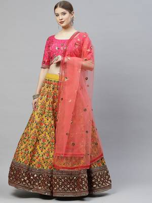 Shubhkala Mustard Yellow & Pink Thread With Sequins Embroidered Art Silk Semi Stitched Party Wear Lehenga 5