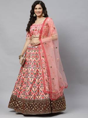 Shubhkala Pink Thread With Sequins Embroidered Art Silk Semi Stitched Wedding Lehenga For Bridal 1