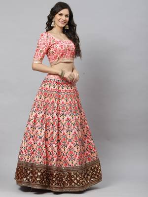 Shubhkala Pink Thread With Sequins Embroidered Art Silk Semi Stitched Wedding Lehenga For Bridal 4