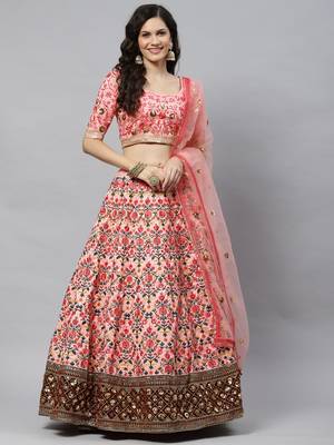 Shubhkala Pink Thread With Sequins Embroidered Art Silk Semi Stitched Wedding Lehenga For Bridal 5
