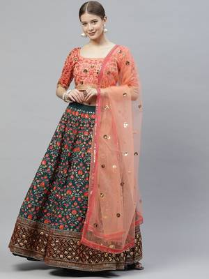 Shubhkala Green & Orange Thread With Sequins Embroidered Art Silk Semi Stitched Wedding And Party Lehenga 1