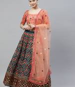 Shubhkala Green & Orange Thread With Sequins Embroidered Art Silk Semi Stitched Wedding And Party Lehenga