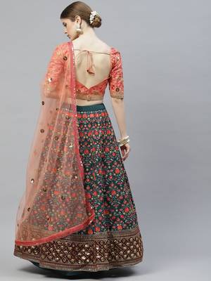 Shubhkala Green & Orange Thread With Sequins Embroidered Art Silk Semi Stitched Wedding And Party Lehenga 2