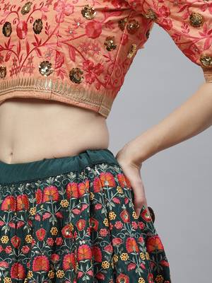 Shubhkala Green & Orange Thread With Sequins Embroidered Art Silk Semi Stitched Wedding And Party Lehenga 3