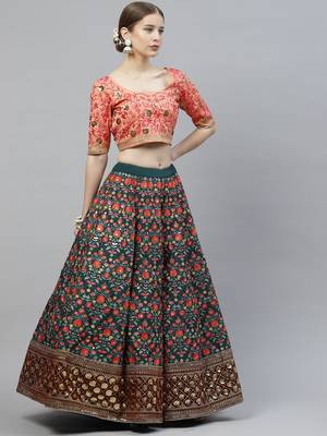 Shubhkala Green & Orange Thread With Sequins Embroidered Art Silk Semi Stitched Wedding And Party Lehenga 4