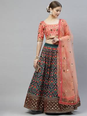 Shubhkala Green & Orange Thread With Sequins Embroidered Art Silk Semi Stitched Wedding And Party Lehenga 5