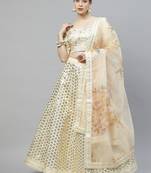 Shubhkala Beige Thread With Sequins Embroidered Art Silk Semi Stitched Wedding Lehenga For Bridal