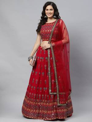 Shubhkala Eye Catching Deep Pink Gotta Patti With Thread Embroidered Georgette Semi Stitched Bridal Lehenga 1