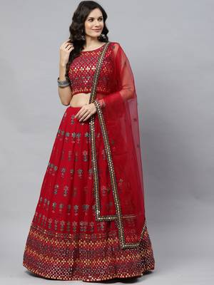 Shubhkala Eye Catching Deep Pink Gotta Patti With Thread Embroidered Georgette Semi Stitched Bridal Lehenga 5