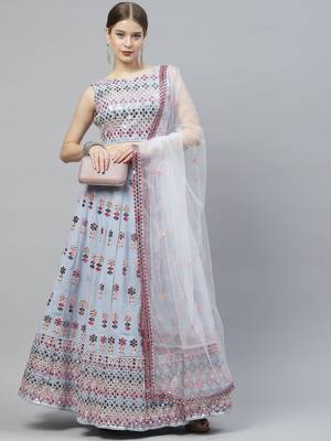 Shubhkala Seductive Sky Blue Pink Gotta Patti With Thread Embroidered Georgette Semi Stitched Bridal Lehenga 2