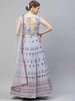 Shubhkala Seductive Sky Blue Pink Gotta Patti With Thread Embroidered Georgette Semi Stitched Bridal Lehenga 3