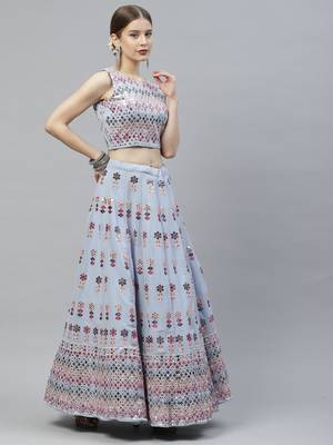 Shubhkala Seductive Sky Blue Pink Gotta Patti With Thread Embroidered Georgette Semi Stitched Bridal Lehenga 5