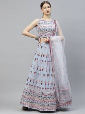 Shubhkala Seductive Sky Blue Pink Gotta Patti With Thread Embroidered Georgette Semi Stitched Bridal Lehenga 6