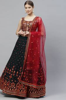 Shubhkala Green & Deep Pink Gotta Patti With Thread And Sequins Embroidered Georgette Semi Stitched Lehenga