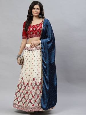 Shubhkala Beige & Maroon With Thread And Sequins Embroidered Georgette Lehenga Choli With Gajji Silk Teal Blue Dupatta 1