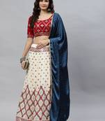 Shubhkala Beige & Maroon With Thread And Sequins Embroidered Georgette Lehenga Choli With Gajji Silk Teal Blue Dupatta