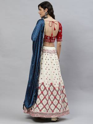 Shubhkala Beige & Maroon With Thread And Sequins Embroidered Georgette Lehenga Choli With Gajji Silk Teal Blue Dupatta 2