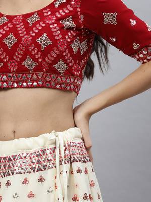Shubhkala Beige & Maroon With Thread And Sequins Embroidered Georgette Lehenga Choli With Gajji Silk Teal Blue Dupatta 3