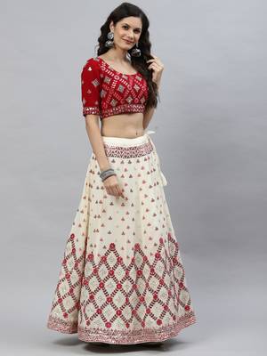 Shubhkala Beige & Maroon With Thread And Sequins Embroidered Georgette Lehenga Choli With Gajji Silk Teal Blue Dupatta 4