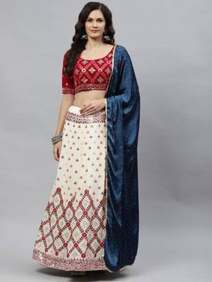 Shubhkala Beige & Maroon With Thread And Sequins Embroidered Georgette Lehenga Choli With Gajji Silk Teal Blue Dupatta 5